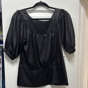 Black Puff Sleeve Blouse with Bib Collar